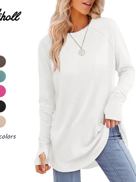 WIHOLL Women's Casual Tunic Tops to Wear with Leggings, Long Sleeve Round Neck Spandex Shirt with Thumb Holes and Curved Hem, Longsleeves, Women's Tops, Fabric, Cuffed Sleeve Women's T-Shirts,clothes for back to school,first day of school outfits,sohochic