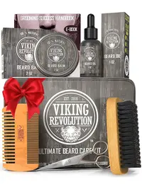 Viking Revolution Ultimate Beard Care Kit for Men - Natural Boar Bristle Brush, Dual Action Pear Wood Comb, Beard Oil, Citrus Balm, Trimming Scissors, Travel Pouch, Gift Haircare Set