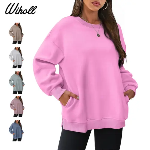 WIHOLL Women's Casual Crew Neck Fleece Sweatshirt - Soft Cotton Blend Loose Fit Pullover Top with Side Secret Pockets, Split Hem, Layering Outfits, Do Not Dry Clean,sohochic