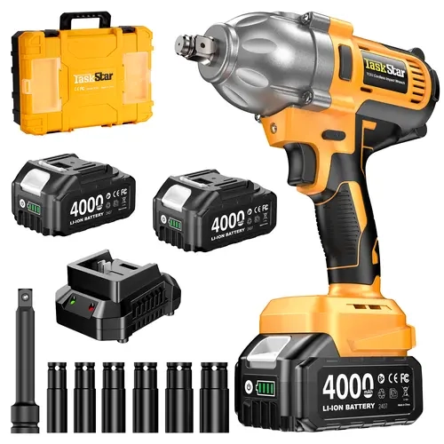 TaskStar 1200N.m Cordless Impact Wrench, 1/2 inch 886ft-lbs High Torque Impact Gun with 2x 4.0Ah Battery, Fast Charger & 5 Sockets Package Box Extension Bar Driver Bit Power Tools Ratchet Wrench,toolupgrade toolupgrade