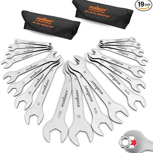 19PC Super-Thin Double-End Wrench Tool Set, SAE & Metric Stainless Steel (1/4"-1-1/16" Inches/MM for Narrow Gaps), Rolling Pouch, for Mechanics DIY Maintenance, Hand Tool Set,toolupgrade