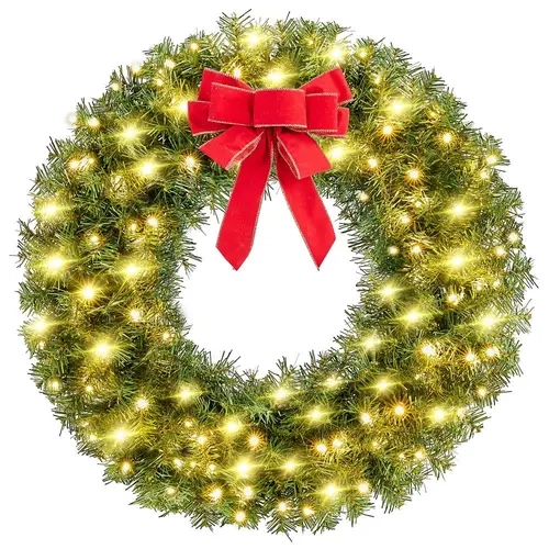【LED Lights with Bow】Yaheetech 30/48/60in Pre-Lit PVC Plastic Artificial Fir Christmas Wreath, 48in/60in Festive Lighted Wreath with LED Lights & Red Bowknot, Decorative Holiday Decorations for Door, Mantel