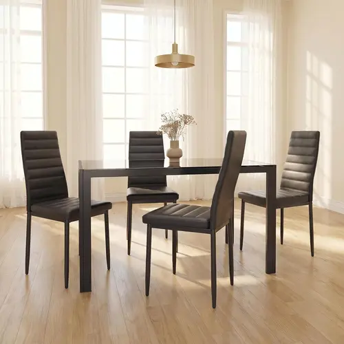 【2 Packages Shipping】Gizoon 5 Piece Glass Dining Table Set, Kitchen and Chairs for 4, PU Leather Modern Room Sets for Home, Kitchen, Living Room Furniture Apartment Furniture