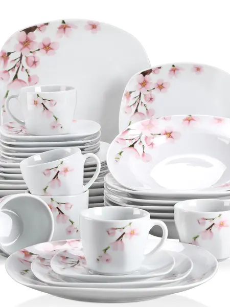 VEWEET Annie Cutlery Series Sturdy Pottery Classic White Tableware Sets with Blush Pink Floral, 4/6-Person (18/20/24/30 PCS) for Everyday Coffee & Egg Use, Cups Bowls Plates Kit
