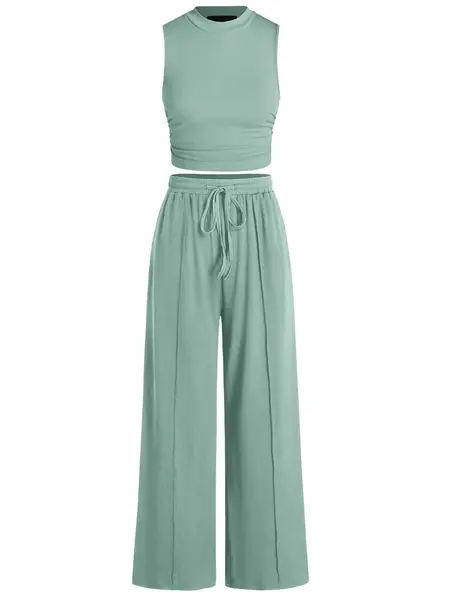 BTFBM Women's Summer 2-Piece Outfits - Ribbed Knit Crew Neck Sleeveless Cropped Top & Wide Leg Pants Lounge Set #Outdoorfun