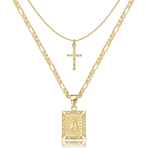 KissYan Gold Layered Initial Cross Necklace, 14K Gold Plated Layering Square Letter Pendant Figaro Chain Cross Choker from A-Z Capital Jewelry for Women Girls & Jewelry Mothers Day Gift Ideas TikTokShopBackToSchool,sohochic