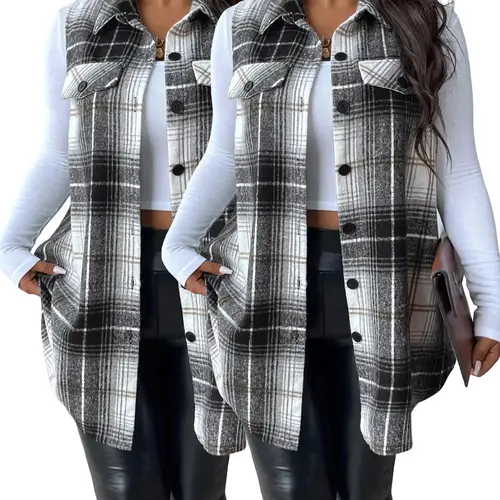 Plus Size Women's Plaid Casual Vest Jacket (fake Pockets), Button Front, Fitted Sleeveless Design, Fall & Winter Fashion