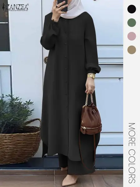 Two-Piece Set Women's Solid Color Asymmetrical Hem Button Front Longline Shirt & Wide Leg Pants, Casual Pocket Bishop Sleeve Collared Top & Elastic Waist Trousers for Fall & Winter, Women's Clothes for Daily Wear Casual Everyday Set