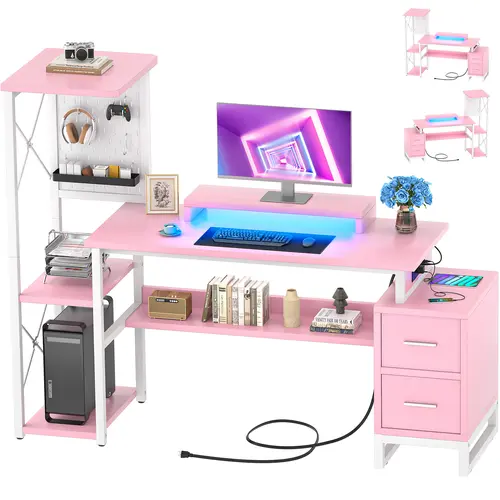 Pink 53" Office Computer Desk with Wooden Tabletop, 2 Fabric Drawers, Reversible Design, Power Outlet, LED Lights, Monitor Stand, Storage Shelves, Pegboard - Desk for Bedroom, Dual Monitor/WFH/Streamer Setup