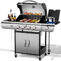 Natural Gas Barbecue Grill, 4 Wheels, 4+1 Burner Cart Style Liquid BBQ Grill, Stainless Steel Enamel Cooking Grill