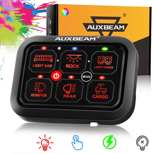 AUXBEAM RA60 RGB Backlit DIY Switch Panel - DC 12-24V, 12V 20A/24V 10A, Panel Mount, 60-Label DIY, Multi Mode (Toggle/Pulse/Momentary), IP65 Rated, On-Off Control, Manual Backlit Off, Waterproof Cover, -40℃~105℃/-40℉~221℉ Automotive Outdoor Accessory tool