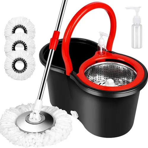 360° Rotatable Colorful Microfiber Mop and Bucket Kit - 61in Stainless Steel Adjustable Extendable Lightweight Pole, Plastic Bucket, 3 Reusable Washable Microfiber Mop Pads, Kitchen Cleaning Supplies, Mother's Day Gift