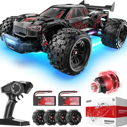 DEERC Fast Brushless Remote Control Truck, 1/14 4WD Offroad RC Cars with Aluminum Parts, 50+ MPH Waterproof All-Terrain Truggy, Adjustable Oil-Filled Shocks, Wheelie Bar, 2X 3S LiPo Batteries (5% Higher Energy Density), Adult Gifts, Boy Gifts, Toy