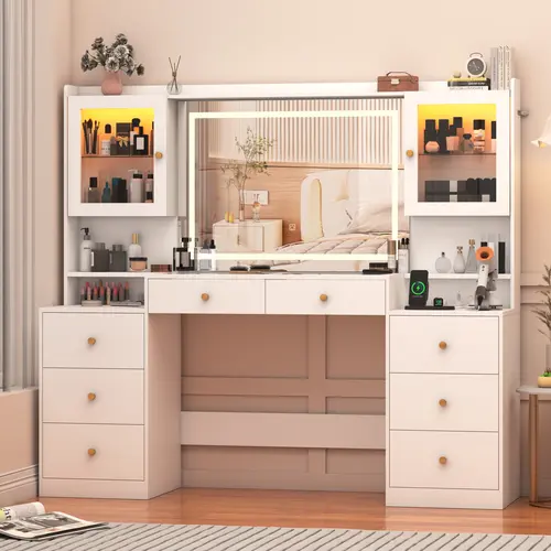 62" Modern Home Bedroom Makeup Vanity Desk Furniture - Interior Design Piece with LED Lighted Vanity Mirror, Drawers, RGB Cabinets, Power Outlet, Glass Top, Adjustable Lighting Modes (Organizing Storage Solution for Women)