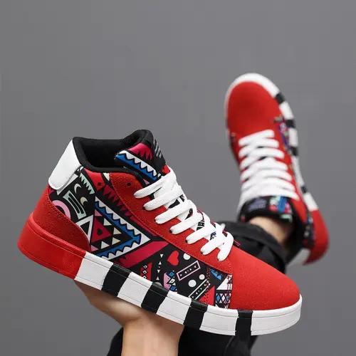 Men's Fashionable Random Print Lace Up High Top Colorblock Patchwork Sneakers, Casual Comfortable Non-slip Rubber Sole Skate Shoes, Trendy All-match All Seasons Sneakers for Daily Wear