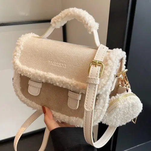 25 Fall&Winter Women's fluffy suede chic Casual trendy handbag, casual versatile solid color shoulder bag with coin purse, fashionable and high-quality daily commuter bag, fashion bag, Fashionable Unique Bags