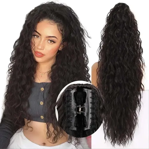 AISI HAIR 26-30 Inch Long Wavy Heat Resistant Synthetic Clip-in Hair Extensions for Female, Comfortable Secure Ponytail Hairpiece, Easy-Wear High-Quality Extensions Perfect for Casual & Formal Looks,sohochic