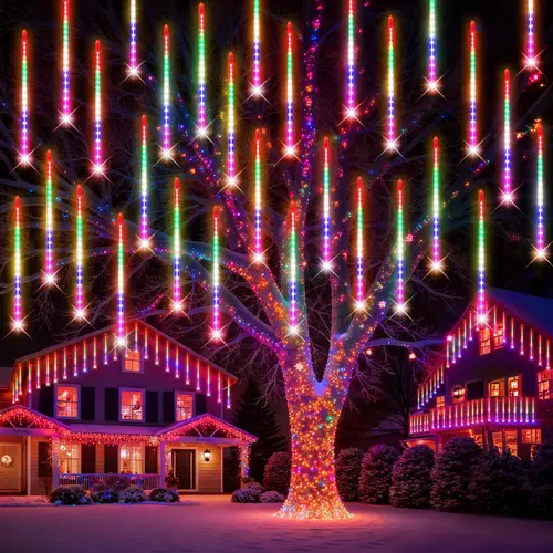 【Campagin】PEMOTech Meteor Shower LED Party Light String, 24 Tubes 576-LED Waterproof Mood Decor, Curb Appeal Accessories for Garden Pathway, 4th of July Independence Day Outdoor Decor