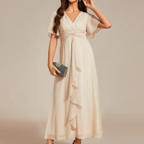 Ever-Pretty  Silver Metallic Fabric V-Neck A-Line Wedding Guest Dress featuring Delicate Ruffled Hem 02131