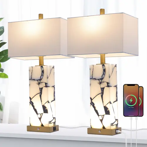VALLERICO 2-Piece Natural Marble Alabaster LED Table Lamps with Unique Marble Veins - 3-Color Temperature, Nightlight Mode, Fast-Charging USB Charging Ports, AC Power Supply, Adjustable Modern Artistic Novelty Light for Home Bedroom Decor, SohoChic