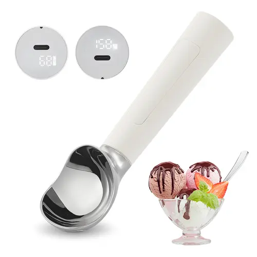 FrostJoy Rechargeable Heated Ice Cream Scoop - Stainless Steel Kitchenware, Waterproof Durable Kitchen Utensil with LED Display, Battery Level Indicator, USB-C Charging, Ergonomic Design for Hard Frozen Ice Cream, Gifts for Mom & Dad, Hand Wash Recommende