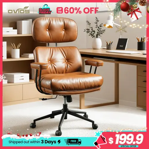 【SohoChic Sale】OVIOS Oversized Home Office Chair with Extra-Wide Seat, Big & Tall High Back Executive Chair, Mid-Century Modern Faux Leather Swivel Rolling Computer Desk Chair with Thick Cushions & Armrests