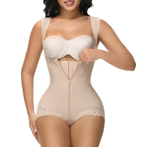 JOSHINE SHAPER Women's Soft Pleated Lace Full Body Shapewear with Zipper & Straps - Fabric Tummy Control, Butt Lift Curvy Girdle, Basic Tan Compression Underwear Womenswear Corset Leg Medium
