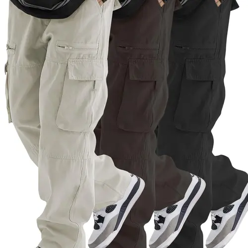 Men's Solid Flap Pocket Drawstring Cargo Pants, Cargo Style Adjustable Loose Fit Unisex Casual Fashion Loose Comfy Drawstring Loose Long Zipper Pants for Outdoor Daily Wear, Lounge wear Woven Bottoms for All Seasons