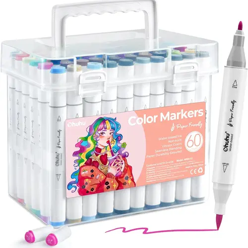 Ohuhu Markers: Brush & Fine Tip - 60 Colors - Paper-friendly No Peeling Water-based Dual Tips - Coloring Markers for Adult Coloring Books No Bleeding Drawing Pens for Kids Adults Beginner Calligraphy
