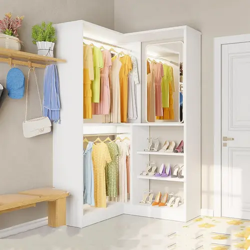 Freestanding Versatile Corner Wooden Wardrobe - Closet Cabinet Organizer, Walk in Closet System, Modern Armoire with 2 Hanging Rods, 6-Level Adjustable Storage Shelves, Heavy-Duty Load, Freestanding for Easy Moves, Small Room Ideas,sohochic