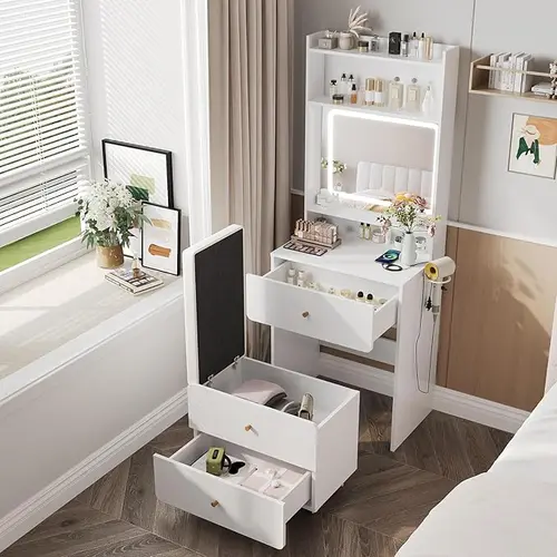 [tiktokshopbacktoschool] Vabches Modern LED Vanity Desk with Mirror, Lights and Charger Station, White/Pink Small Girls Vanity Table Set