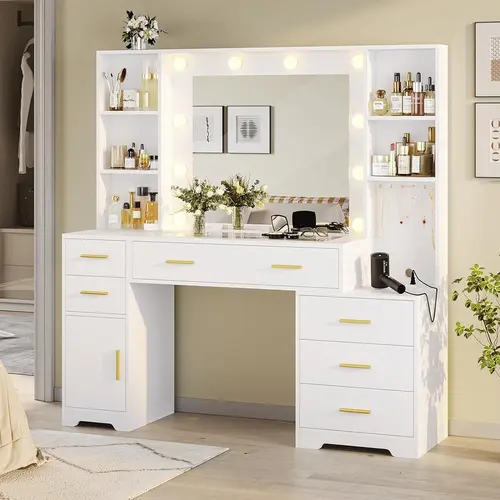 SIKAIC 48.8-Inch Modern Gold Vanity Table Set - Large Glass Top Adjustable Bedroom Makeup Vanity Desk with Storage, Large Mirror with Smart LED Lights, Power Outlet