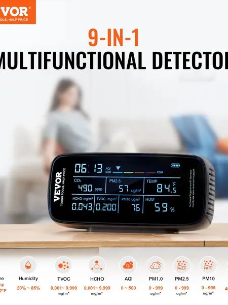 【fathersdaygift】VEVOR Air Quality Monitor 9-IN-1, CO2, Temperature, Humidity, Formaldehyde TVOC AQI Tester, Professional PM2.5 PM10 PM1.0 Particle Counter for Indoor/Outdoor, Air Quality Meter w/Alarm Thresholds