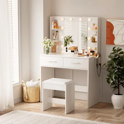 Furmax Modern Makeup Vanity Set with Backlit Mirror & Chair, 3-Color Hollywood Vanity Desk with Power Outlet, 6 Shelves & 2 Drawers, Backlit Makeup Vanity for Bedroom, Makeup Room, Beauty Lovers, Stylish Furniture