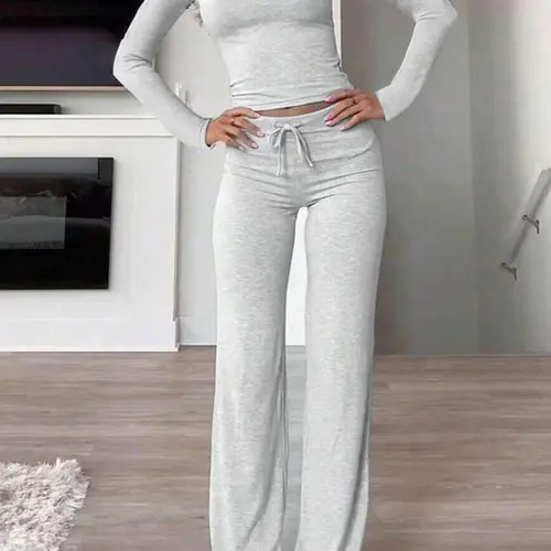 Women's Soft Minimalist Solid Modal Adjustable Drawstring Homewear Lounge Set, Casual Fit Long Sleeve Round Neck Top & Pants Loungewear Set, Ladies Sleepwear Pajama Set for Spring & Fall