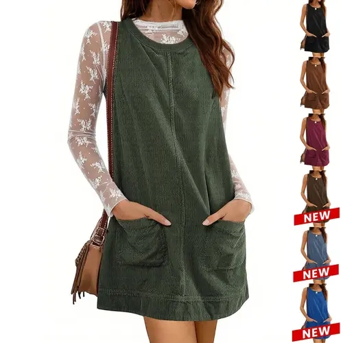 Ommig Women's Sleeveless Cotton Corduroy Overall Dress - Basic, Cute, Machine Washable Casual Above-Knee Mini with Low-Open Back, Front Pockets, Hollow Design, Scoop Neck, Going Out & Brunch Outfits