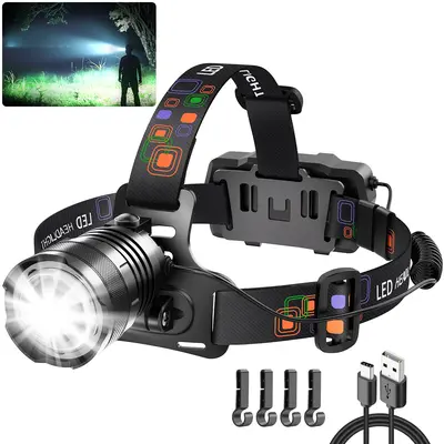 Rechargeable Headlamp, High Lumens Super Bright Headlamp, Adjustable Focus LED Headlamp, 90° Headlamp, 4 Modes Headlamp, Essential Equipment for Adult Helmet Camping summergarden,sohochic