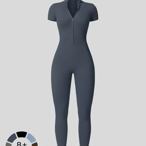 Women's Solid Short Sleeve Half Zip Sports Jumpsuit, Stretchy Jumpsuit, Activewear Jumpsuit, Sporty Stand Collar Skinny Fit Jumpsuit for Yoga Gym Workout, Workout Jumpsuits, Ladies Sportswear for All Seasons