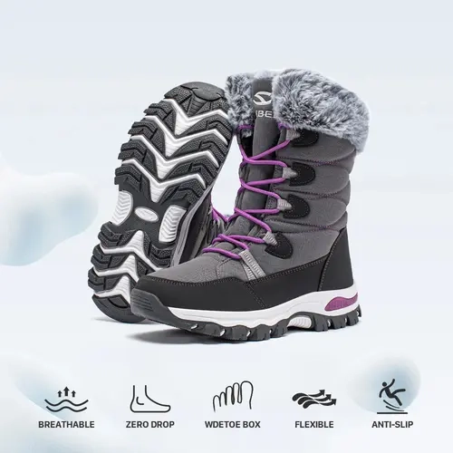 HOBIBEAR Women's Winter Mid-Calf Boots - Waterproof Lace-Up, Round Toe, Warm Faux Fur Lining, Slip Resistant, Snug Fit, Lightweight Reinforced Rubber Sole, Fabric Upper, Pull-On Design for Casual Wear, Daily Winter Walks, Outdoors,sohochic