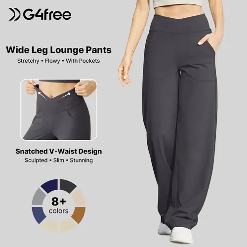 G4Free Wide Leg Pants for Women Loose Yoga Pants with Pockets Petite/Regular/Tall Stretch Casual Lounge Pants Comfort Basic Trouser Womenswear Bottom Wideleg Minimalist Baggy Oversize Oversized, Women's Clothes, Clothes For Women,  #sohochic