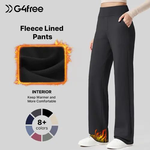 G4Free EverGoing Womens Fleece Lined Wide Leg Pull‑On Pants, Dressy for Work & Casual Outfits | Thermal Warm, Sleek Soft Fabric, Mock Fly Design, Faux Back Pockets, Side Pockets, Elastic Waist, Ideal Fall Winter Apparel,  #sohochic