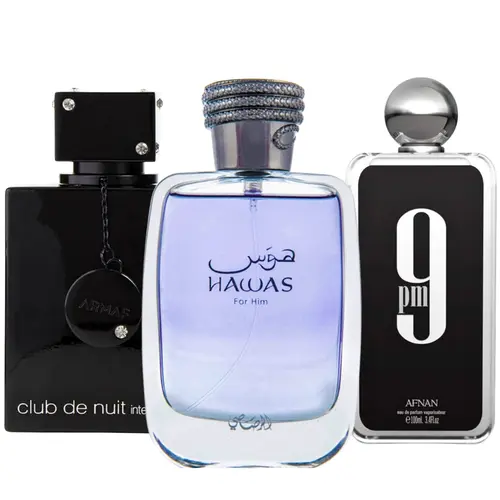 Rasasi Hawas EDP 100ml + Armaf Club de Nuit Intense EDT 105ml + Afnan 9PM EDP 100ml- For MEN - Fragrance Collection Starter Pack Value Bundle GIft, Men's Colognes, Multi-Pack