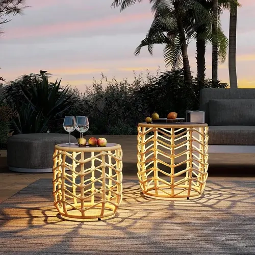 GRAND PATIO Wave Outdoor Nesting Tables (2-Pack for Paired Styling) - Boho Side Tables, Weather-Resistant Wicker & Steel, Solar-Powered IP54 Rated, 25-Lumen Glow Softens Evening Chats, 25lm Up to 8h, Outdoor Patio Furniture for Porch & Garden