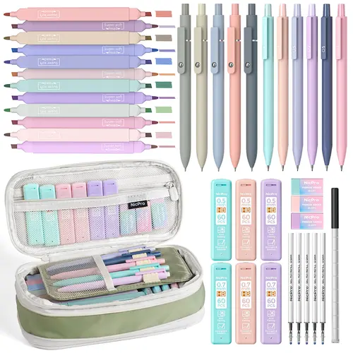 Nicpro Stationary Set, Cute Office & School Supplies with Big Capacity Pencil Pouch, 6 Pastel 0.5-0.7mm Smooth-Writing Mechanical Pencils & Markers for Students
