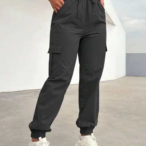 Women's Solid Adjustable Drawstring Waist Cargo Pants, Casual Fashion Pants, Casual Comfy Pocket Elastic Waist Trousers for Daily Wear, Ladies Bottoms for All Seasons, Fit