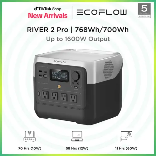 RIVER 2 Pro, 700Wh / 768Wh,  4X800W (X-Boost 1600W) AC Outlets, EcoFlow Portable Power Station LiFePO4 Battery, 70 Min Fast Charging