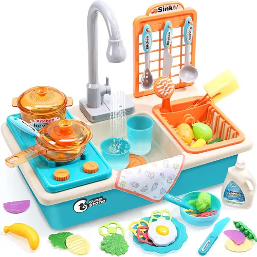 Cute Stone Pretend Play Kitchen Sink Toy - Upgraded Electric Running Water Faucet, BPA-Free Child-Sized Food Toys, Screen-Free Play Kitchen Accessories, Ages 6-8 Learning Set (Requires Batteries),sohochic