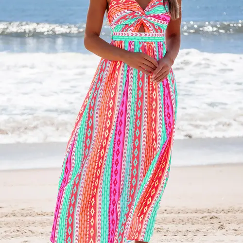 POPVIL Women's Ethnic Tribal Digital Print Knitting Fabric Front Knot Cami Maxi Dress - V-Neck Sleeveless Casual Dress for Summer Seaside Vacation