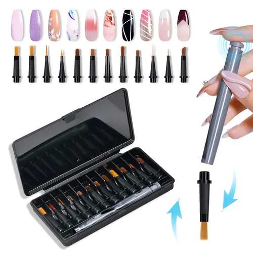 AILLSA 12-Piece Replaceable Tip Nail Art Brush Set - Lightweight, Multifunctional for DIY Gel, UV, French Nail Design, Liner, Cuticle Care, Cosmetic Storage, Salon Use, Ideal Gift for Girls, Handle