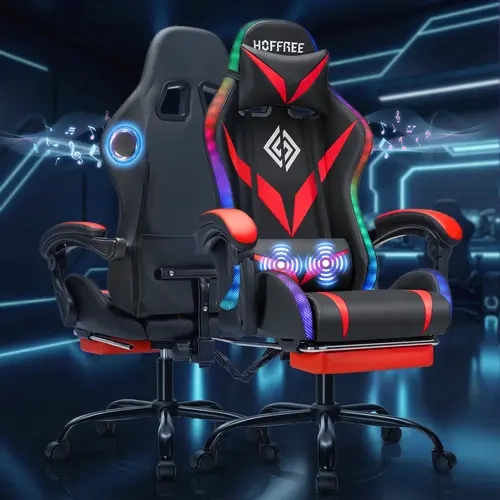 HOFFREE RGB Gaming Chair - Ergonomic Computer Chair with 360° Swivel Ease, Back & Seat LEDs, Dual BT Stereo Speakers, Massage Function, Footrest, Reclining Design for Adults (Red and Black),sohochic